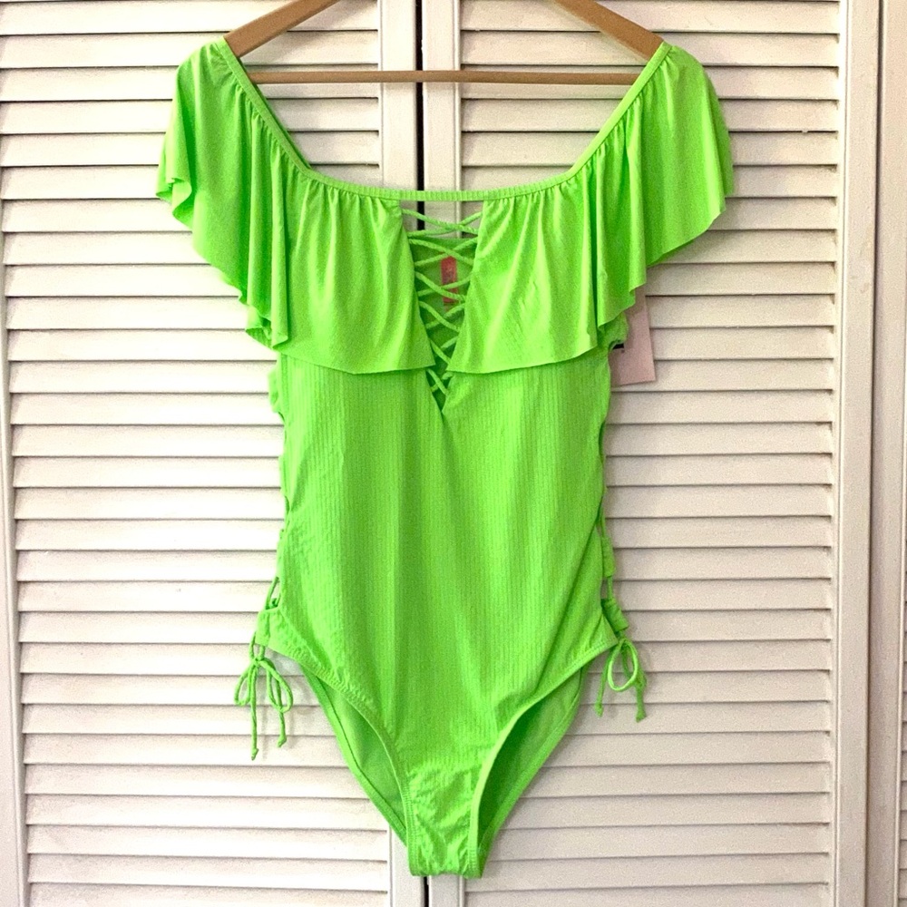 🆕 YMI Swimsuit Womens Medium Neon Green Gecko One Piece Ruffle Off Shoulder NWT